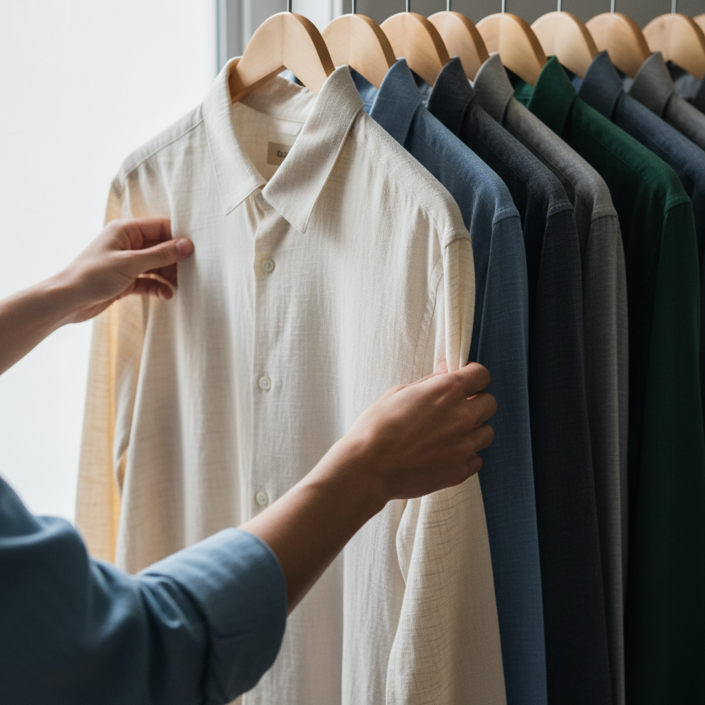 Mãos organizando cabides de madeira em detalhe técnico sobre como montar um guarda-roupa inteligente e funcional.