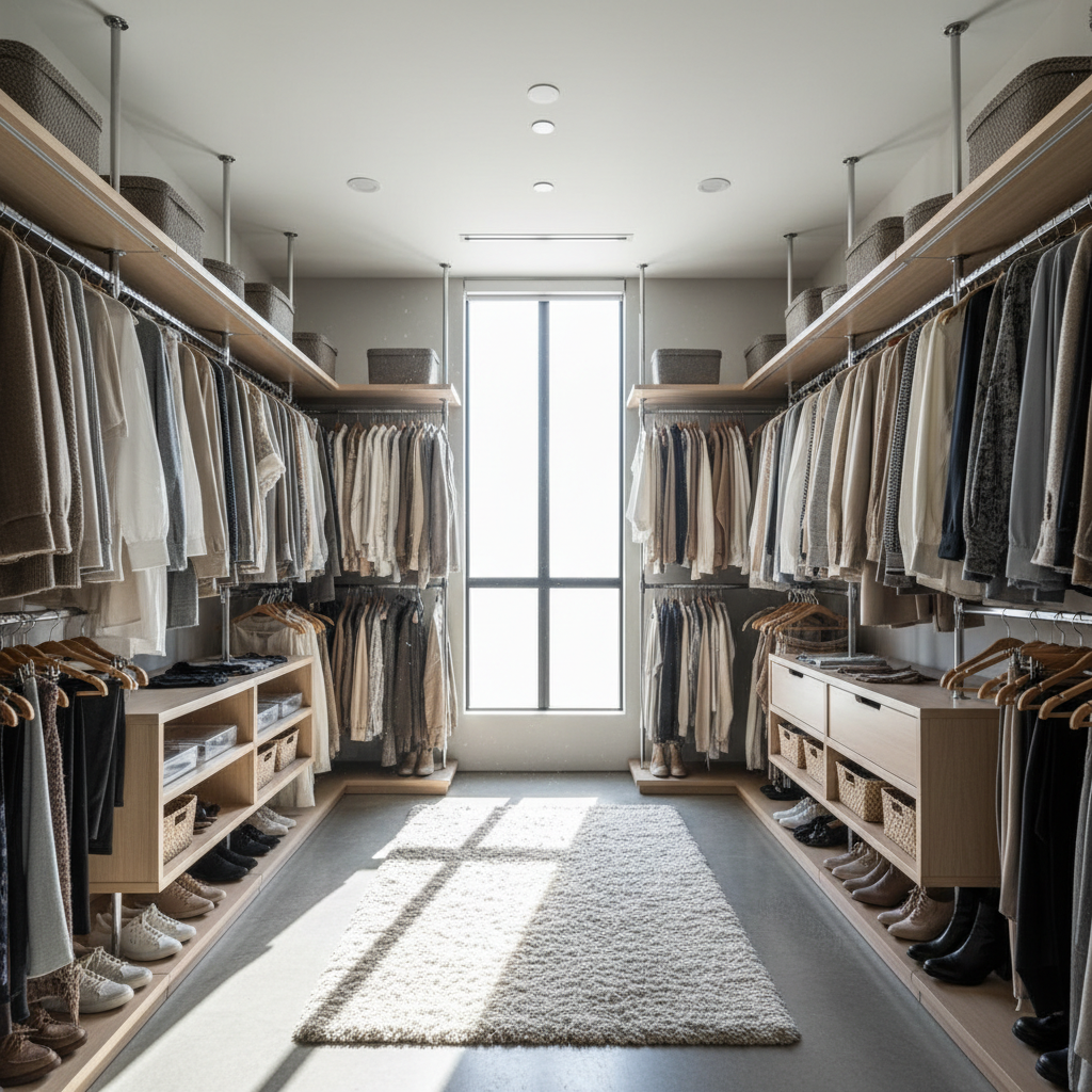 Closet amplo e organizado com roupas neutras e luz natural sobre como montar um guarda-roupa inteligente com estilo.