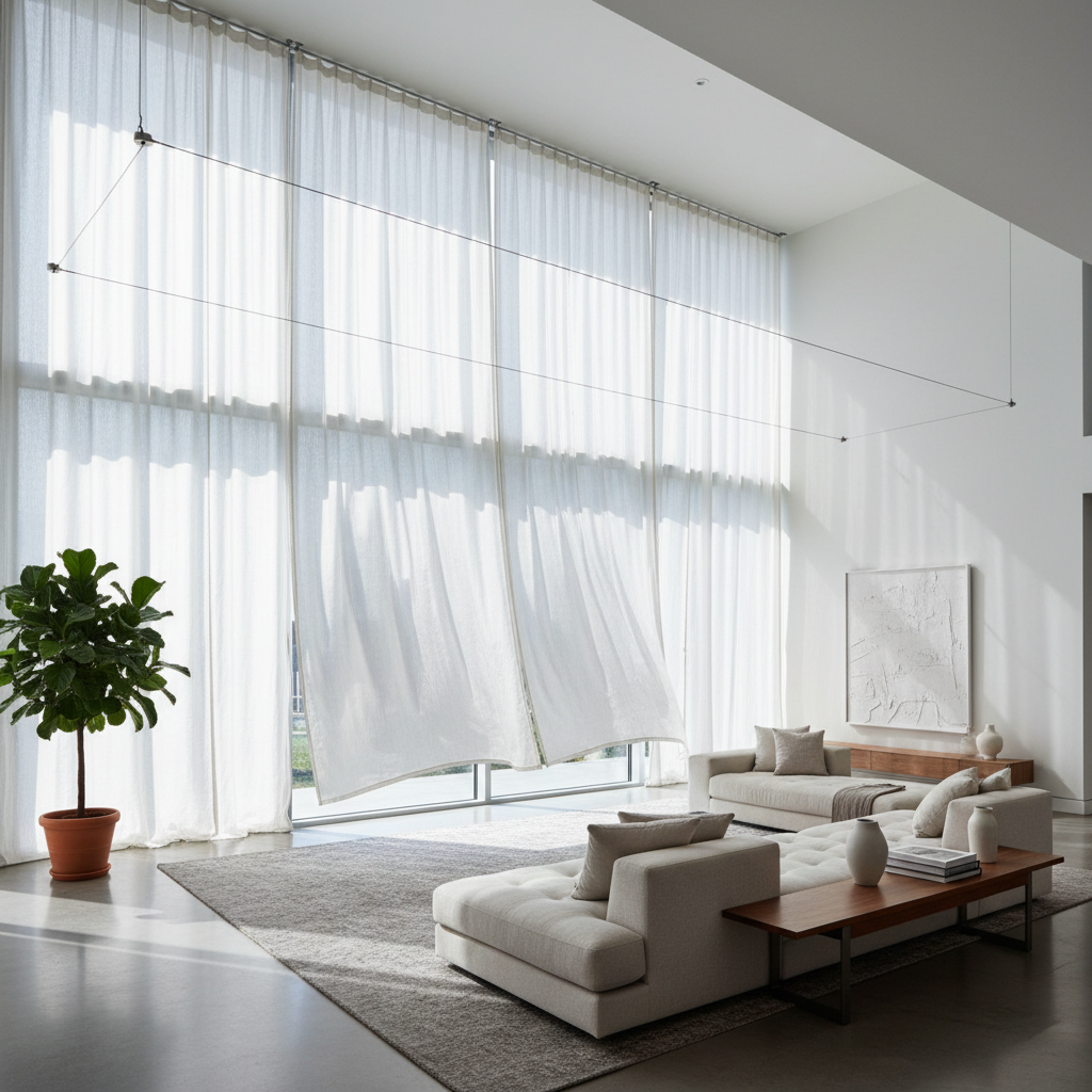 Sala ampla iluminada com cortinas brancas instaladas com cabos de aço ensinando como pendurar cortina sem varão com elegância.