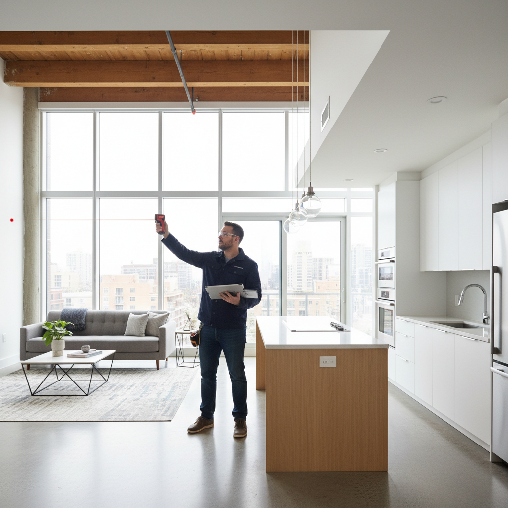 Arquiteto usa trena laser em sala ampla para entender como planejar móveis sob medida em um apartamento moderno.