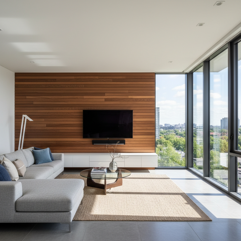 Sala moderna mostrando como prender tv em painel de madeira com acabamento elegante e iluminação natural em ângulo amplo.