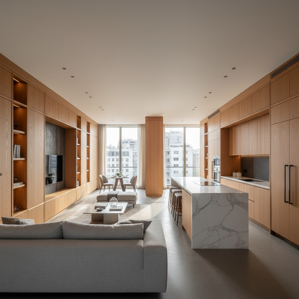 Sala ampla com marcenaria sob medida ilustrando a diferença de móveis planejados para móveis modulados em luxuoso loft.