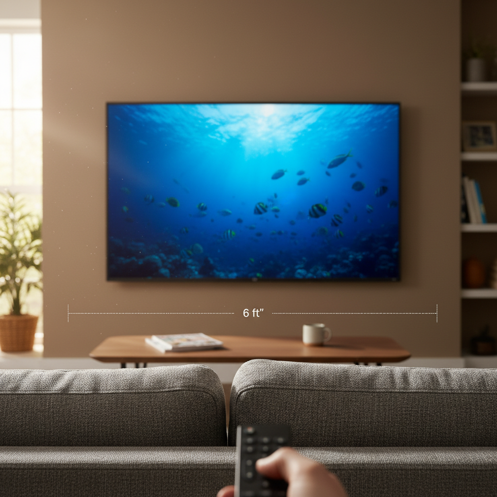 Visão aproximada de quem está sentado no estofado analisando a distância da tv para o sofá para maior conforto visual.