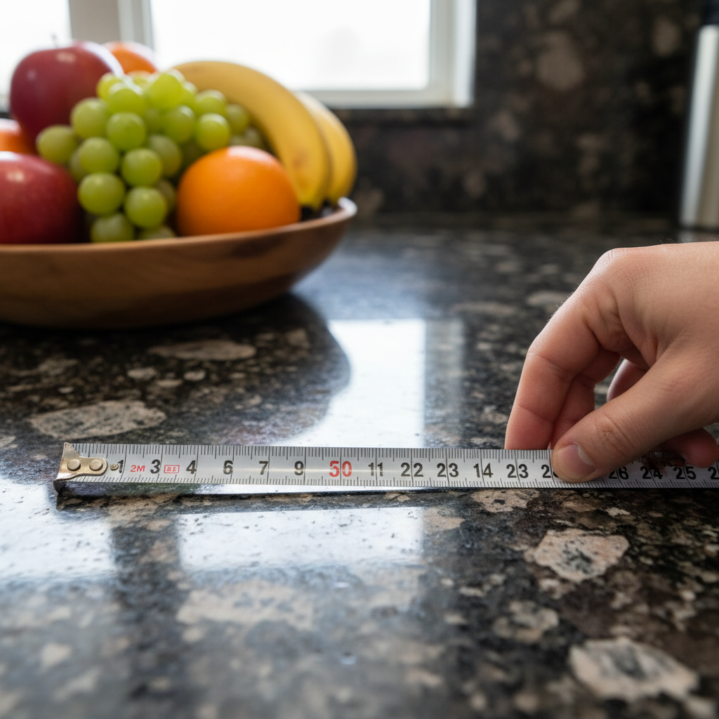 Close de fita métrica medindo a superfície de granito para conferir a largura ideal para bancada de cozinha em detalhe.