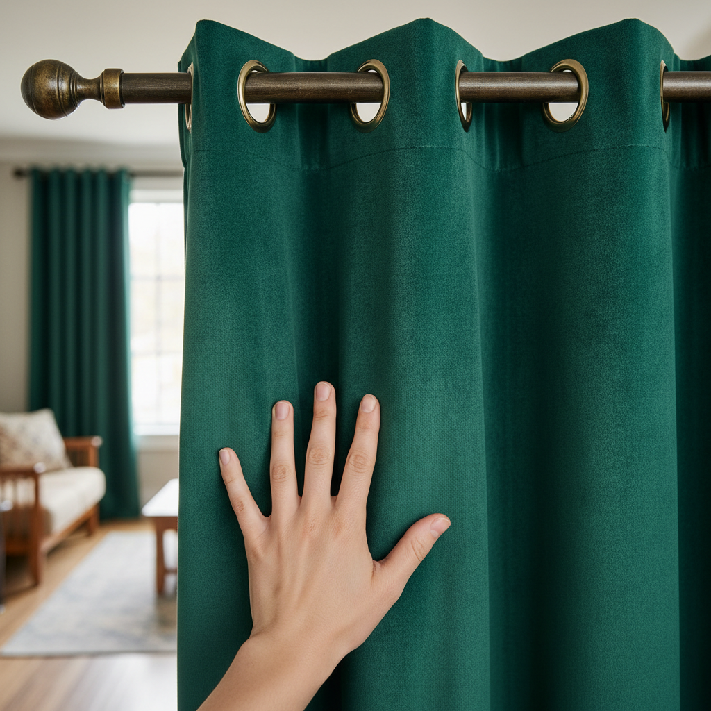 Detalhe em close do tecido e argolas de diferentes modelos de cortinas para sala em um ambiente residencial elegante.