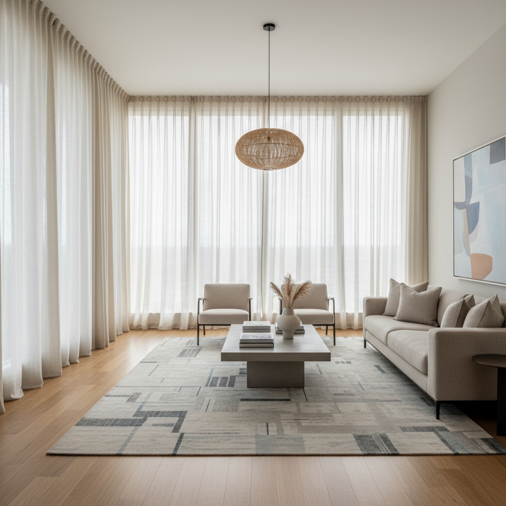 Sala ampla e iluminada com janelas grandes decoradas por modernos modelos de cortinas para sala em tom bege suave.