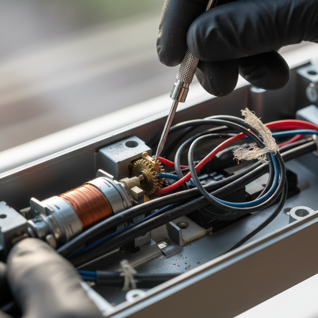 Mãos de técnico consertando motor e fiação interna para resolver problemas com persianas elétricas em detalhe.