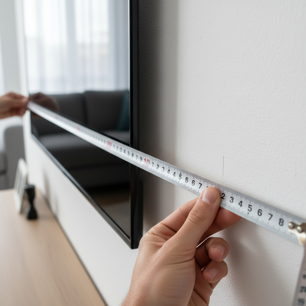 Close no uso de trena para medir qual a altura do painel de tv do chão em uma instalação profissional e precisa.