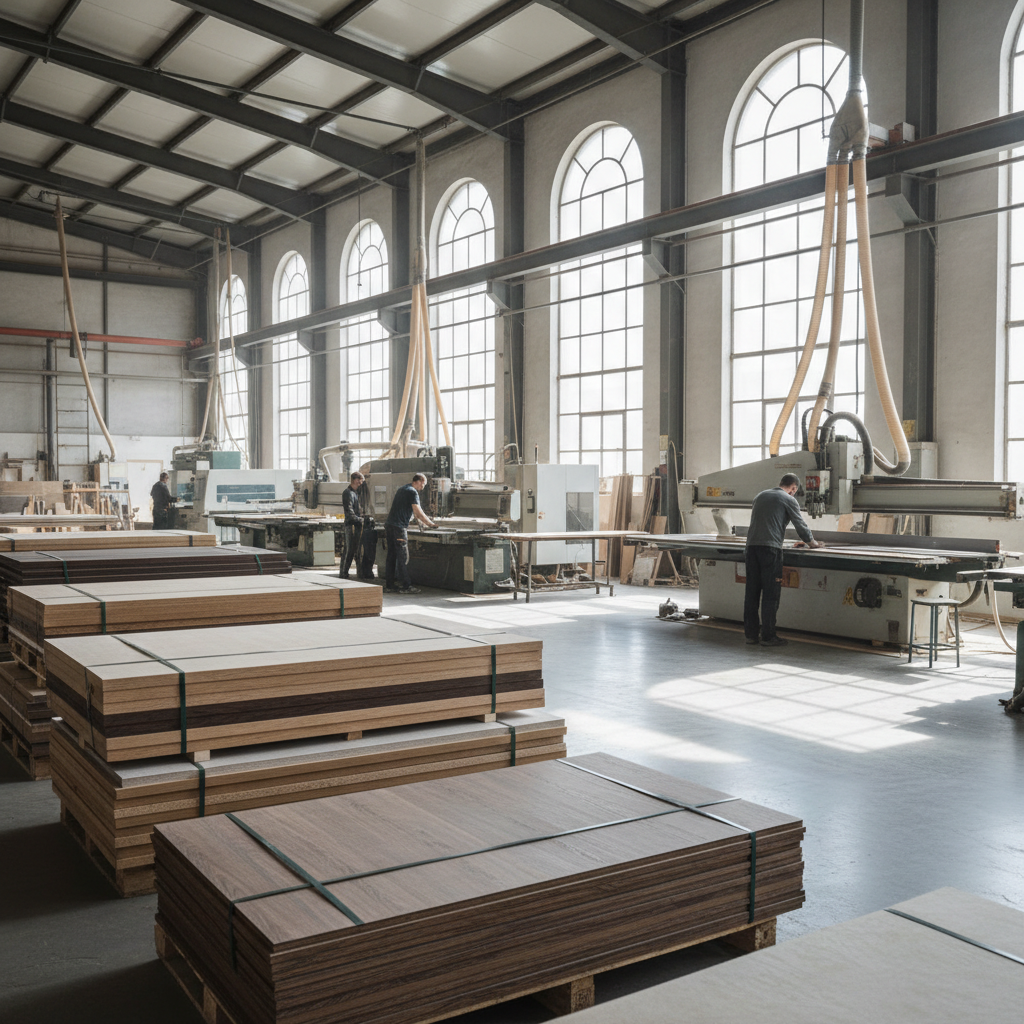 Marceneiros em fábrica ampla com chapas para definir qual o melhor mdf para móveis planejados em ambiente industrial.
