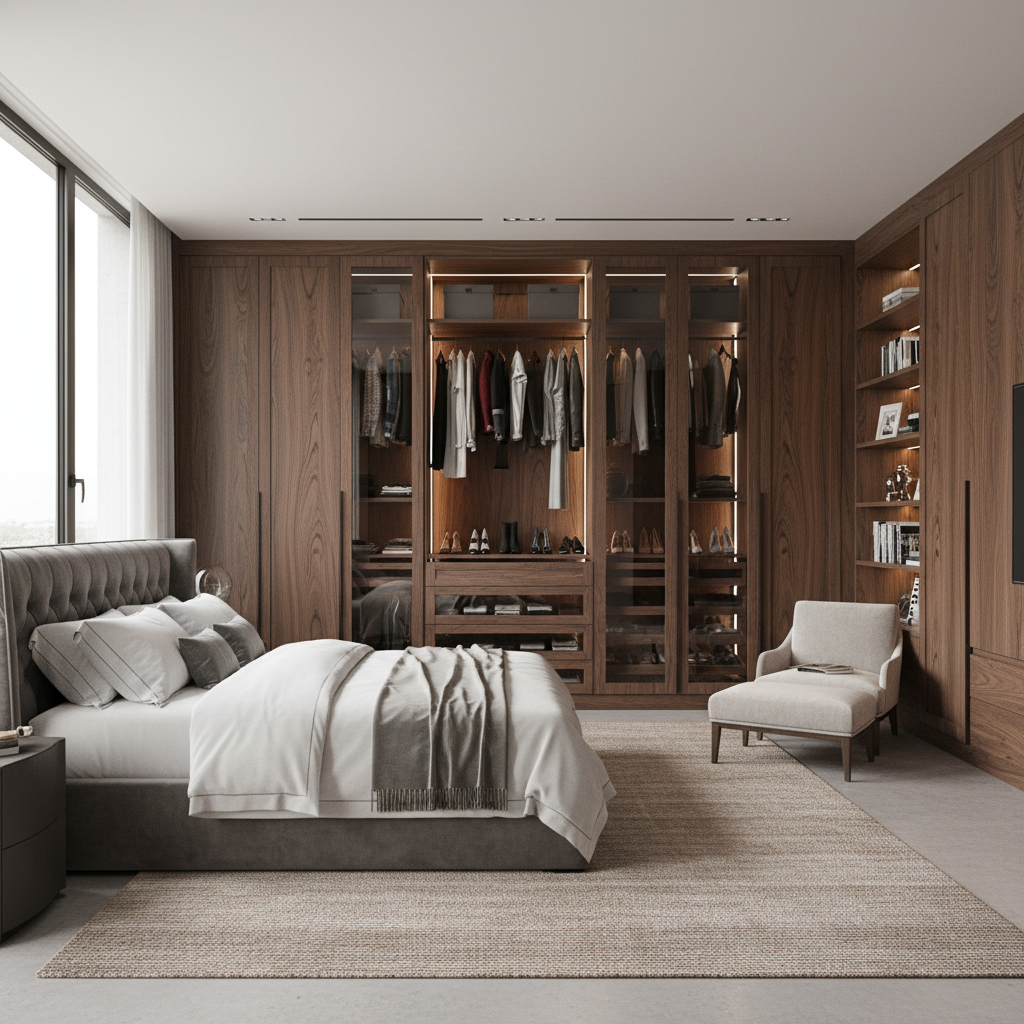 Amplo quarto moderno com móveis sob medida para ilustrar quanto custa um guarda-roupa planejado em projetos residenciais.