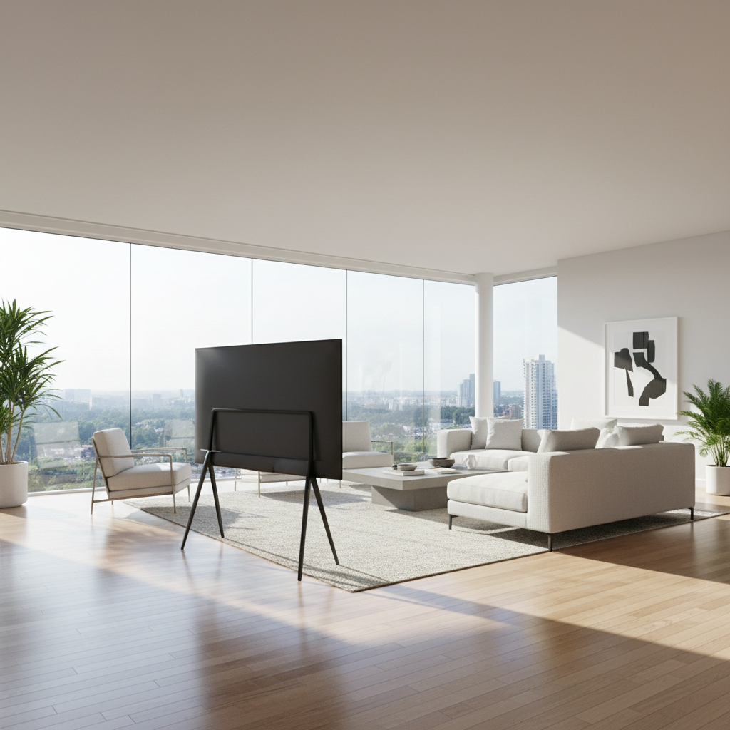 Sala ampla e moderna com um suporte de tv com pé centralizado em piso de madeira sob luz natural suave.