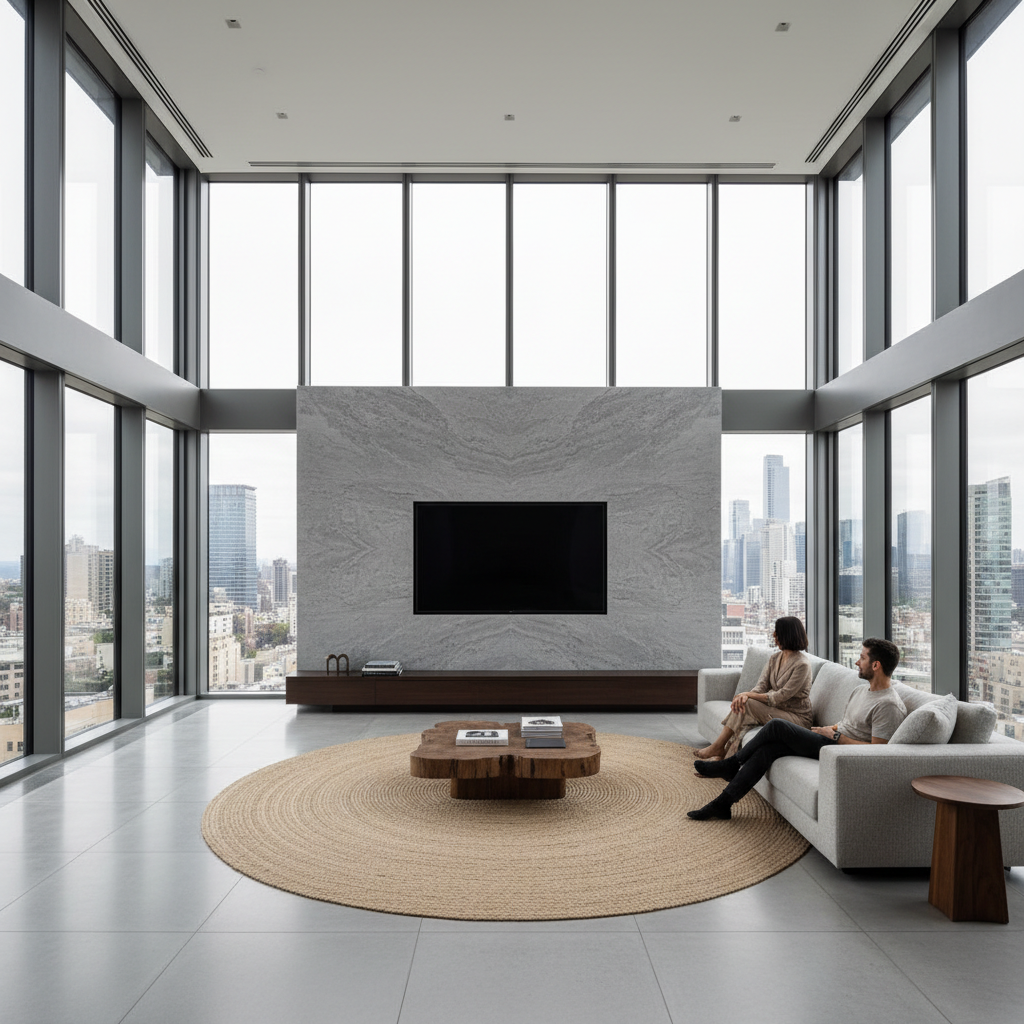 Sala moderna ampla com sofá e uma TV grande na parede para calcular o tamanho ideal de televisão conforme o espaço do ambiente.