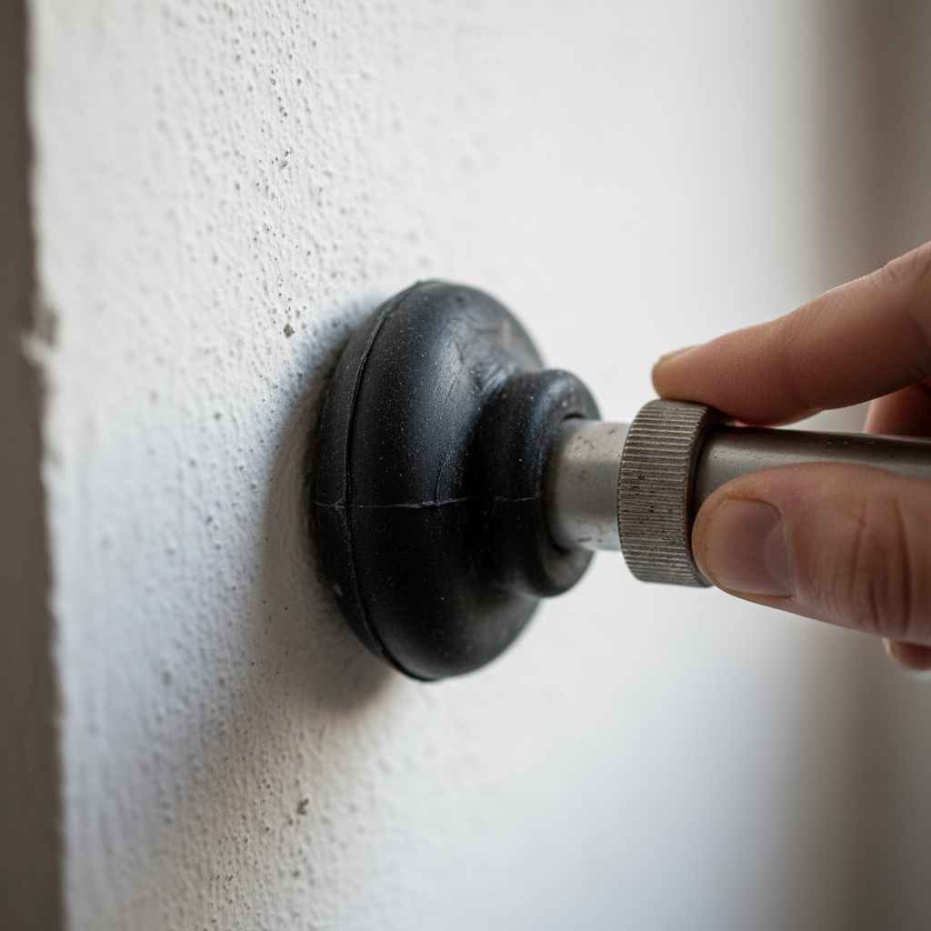 Detalhe de mãos ajustando a pressão do varão de cortina sem furar parede contra a superfície lisa de uma sala.