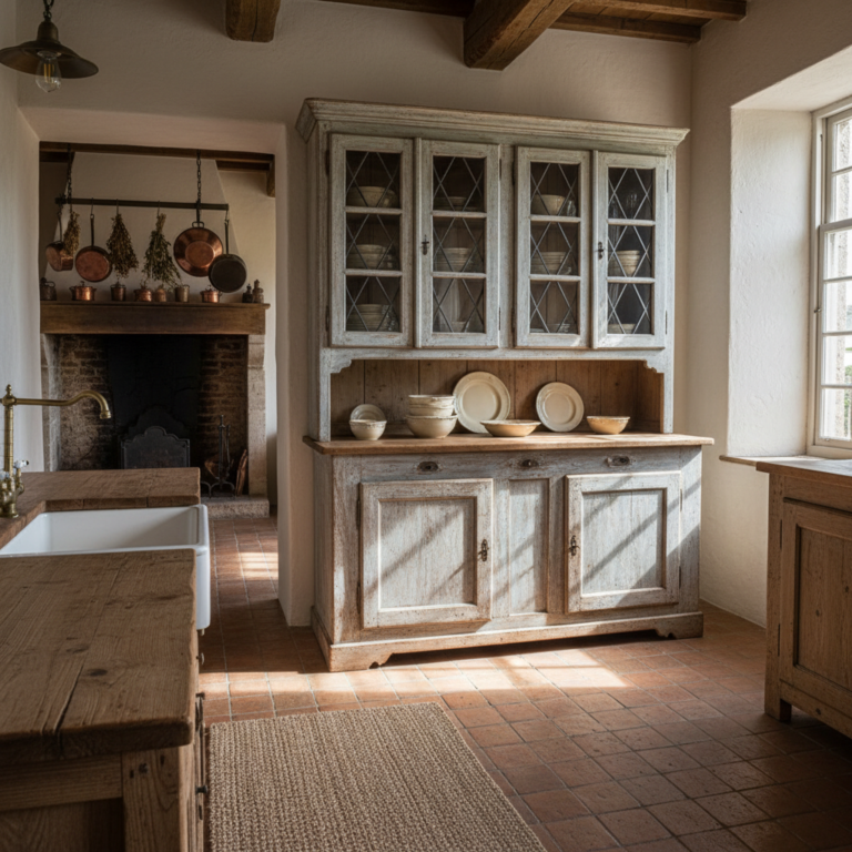 Cozinha rústica iluminada com um amplo armário de cozinha antigo restaurado em madeira e portas de vidro.