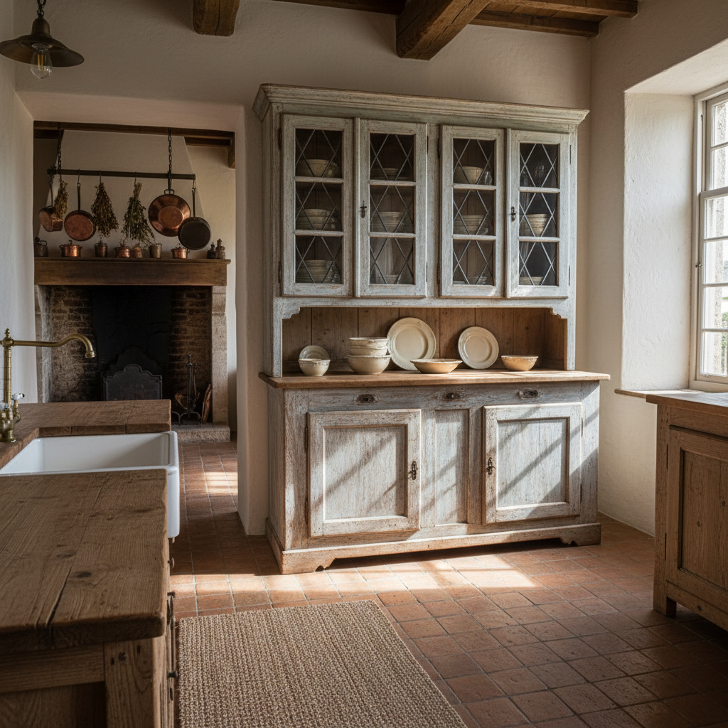 Cozinha rústica iluminada com um amplo armário de cozinha antigo restaurado em madeira e portas de vidro.