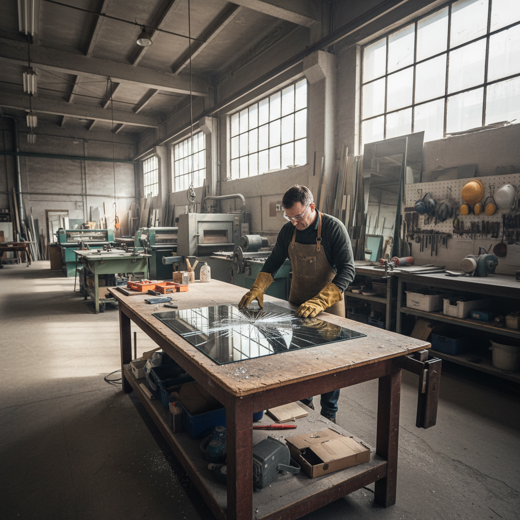 Especialista em oficina ampla analisando como cortar um espelho quebrado sobre uma mesa de trabalho industrial.