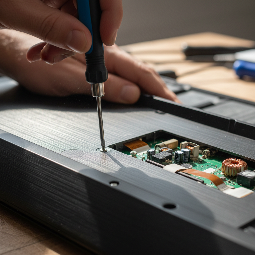 Detalhe de mãos usando chave de fenda em parafusos traseiros durante o processo de como desmontar um painel de tv.