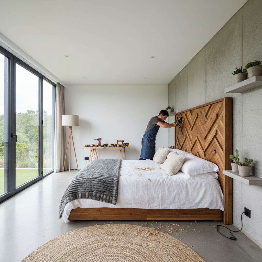 Quarto amplo com luz natural e pessoa montando estrutura de madeira sobre como fazer cabeceira de cama de forma artesanal.