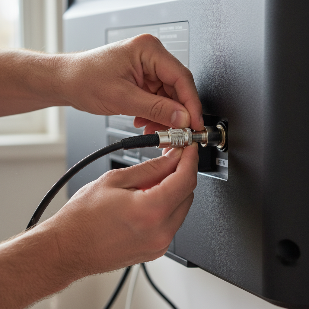Mãos conectando o cabo coaxial na entrada da televisão ensinando como instalar antena na tv digital em detalhes.