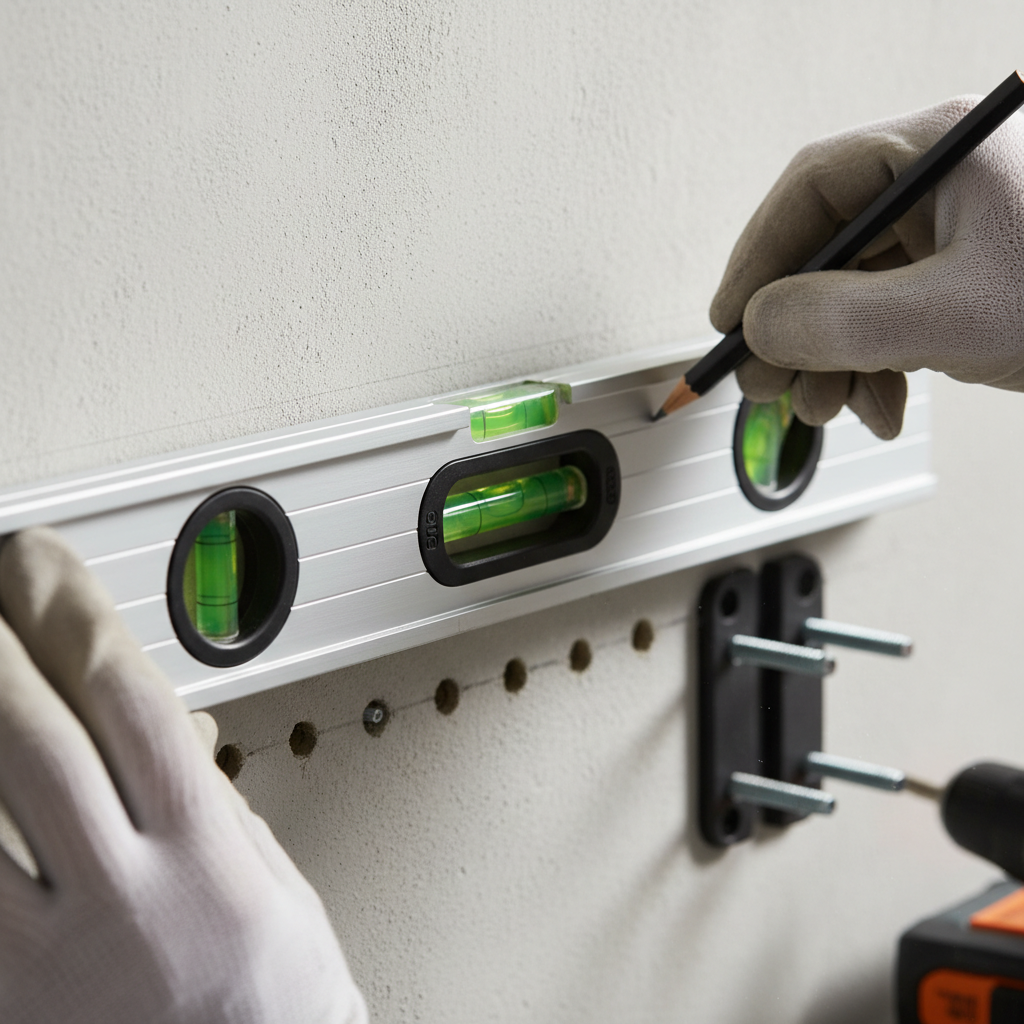 Detalhe de mãos usando nível de bolha na parede para marcação técnica de como instalar um painel de tv grande e nivelado.