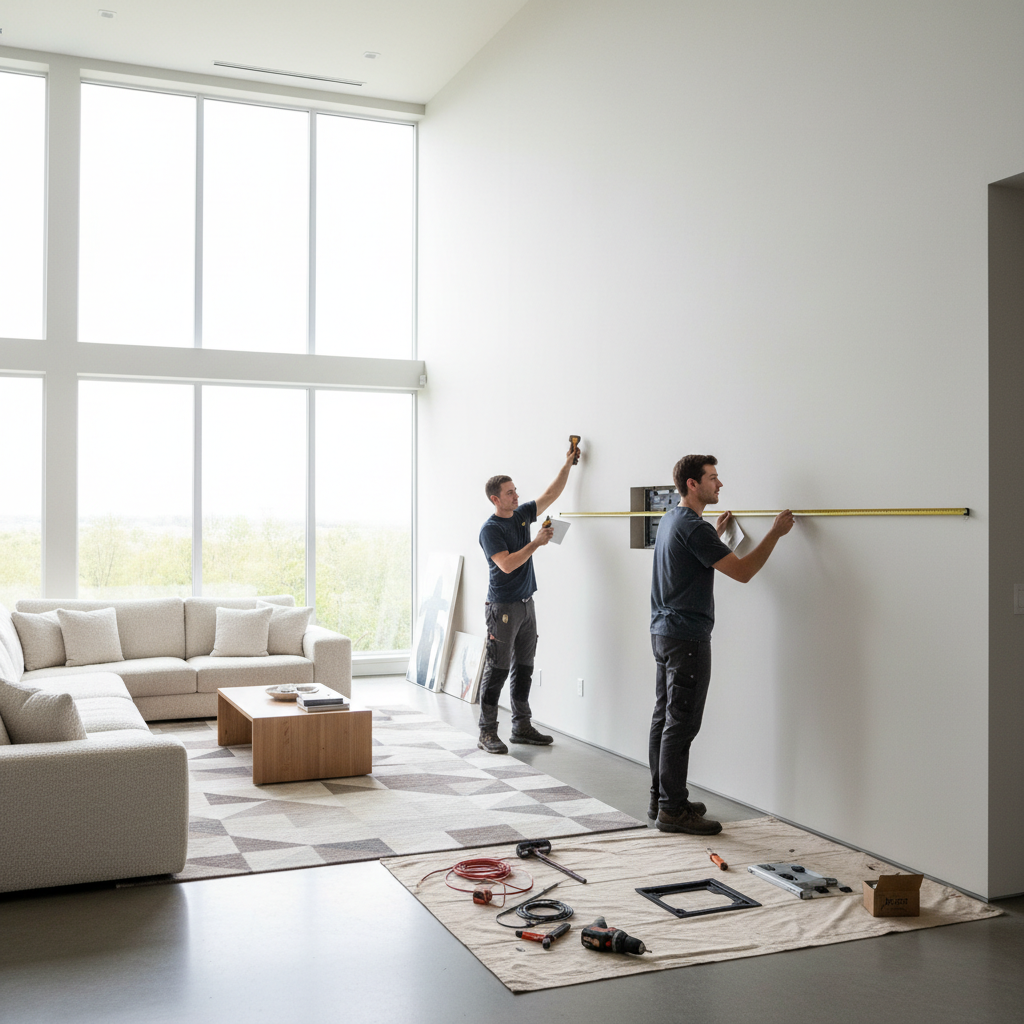 Técnicos medindo parede de sala moderna em plano aberto para demonstrar como instalar um painel de tv grande com segurança.