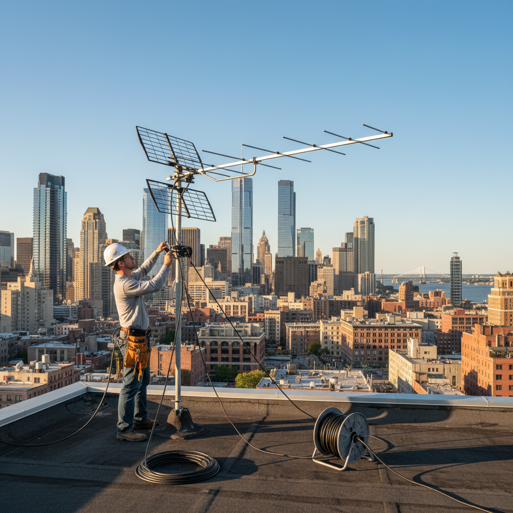Técnico em telhado urbano com ferramentas e equipamentos sobre como montar cabo de antena de tv em plano aberto.