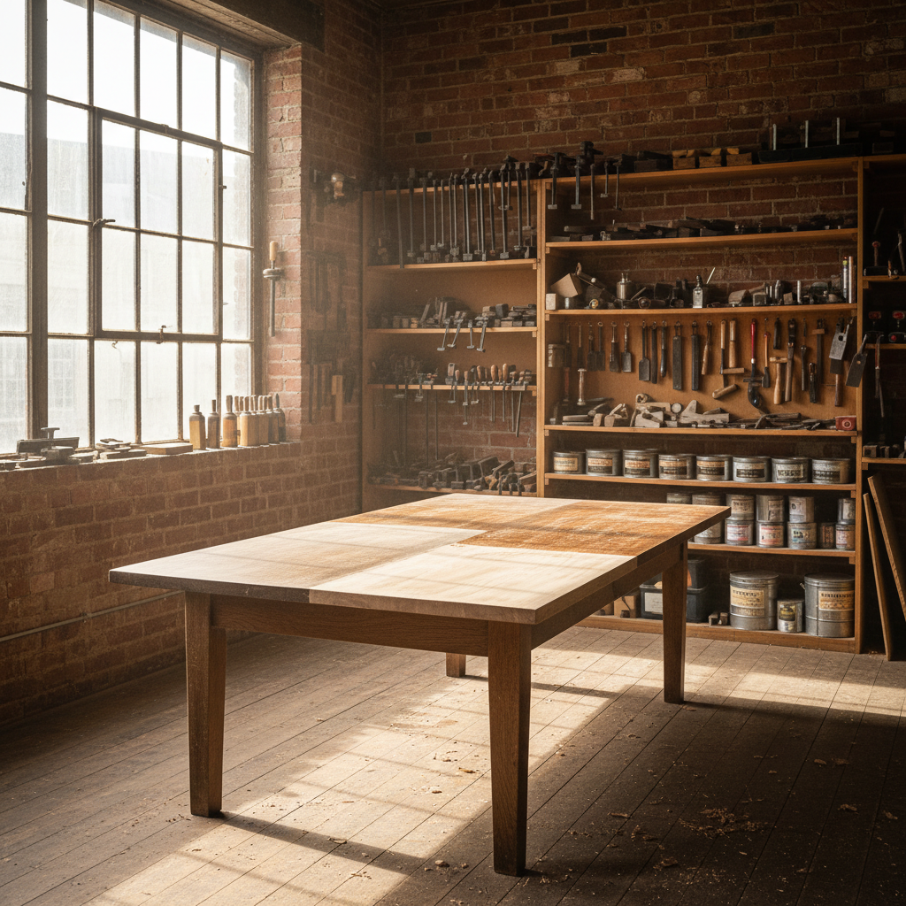 Marcenaria com mesa antiga em processo de como restaurar móveis de madeira sob luz natural e ferramentas ao fundo.