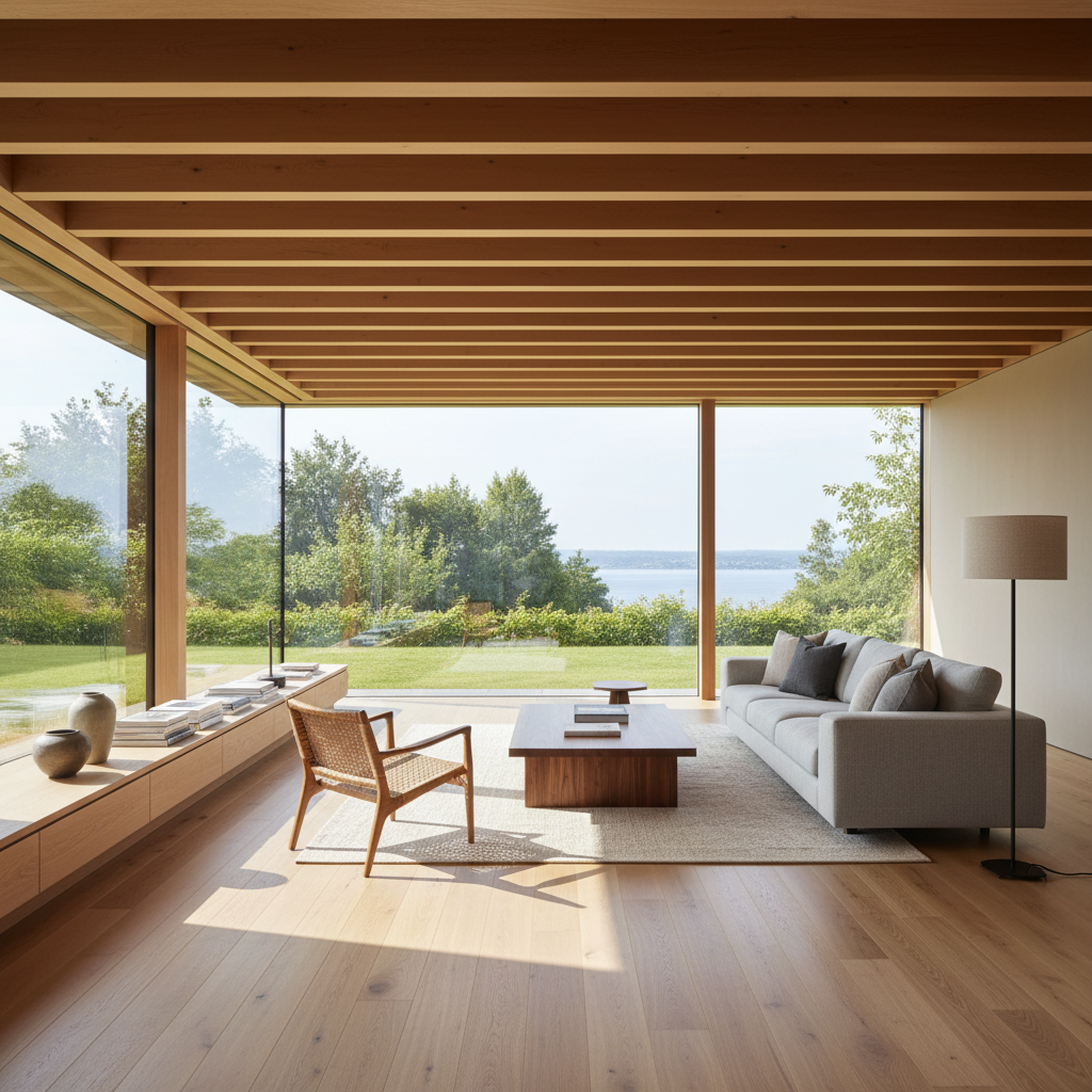 Sala moderna com piso e móveis em diversas cores de verniz para madeira sob iluminação natural de grandes janelas.