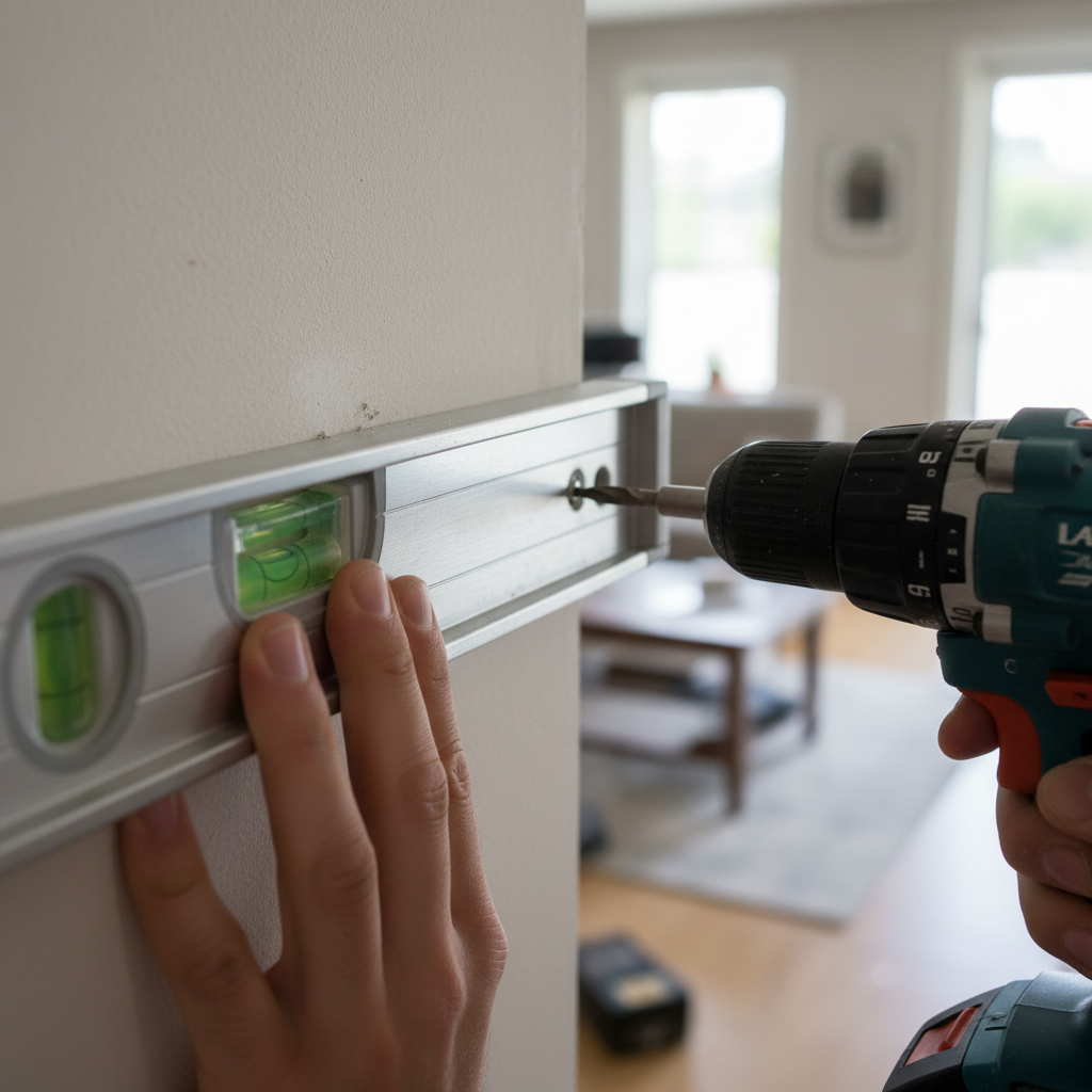 Close nas mãos usando nível e furadeira seguindo dicas para instalar painel de tv com precisão técnica na parede.
