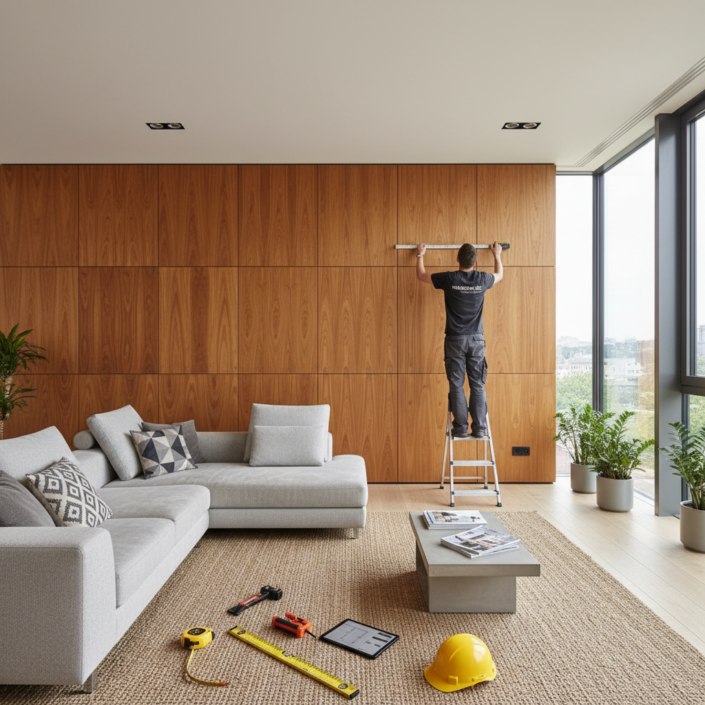 Sala ampla com técnico medindo parede para aplicar dicas para instalar painel de tv em ambiente moderno e iluminado.