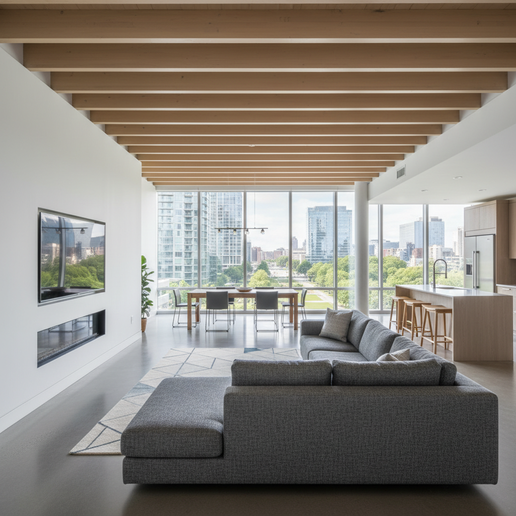 Sala ampla e moderna mostrando a distância do sofá para a televisão de forma equilibrada com iluminação natural.