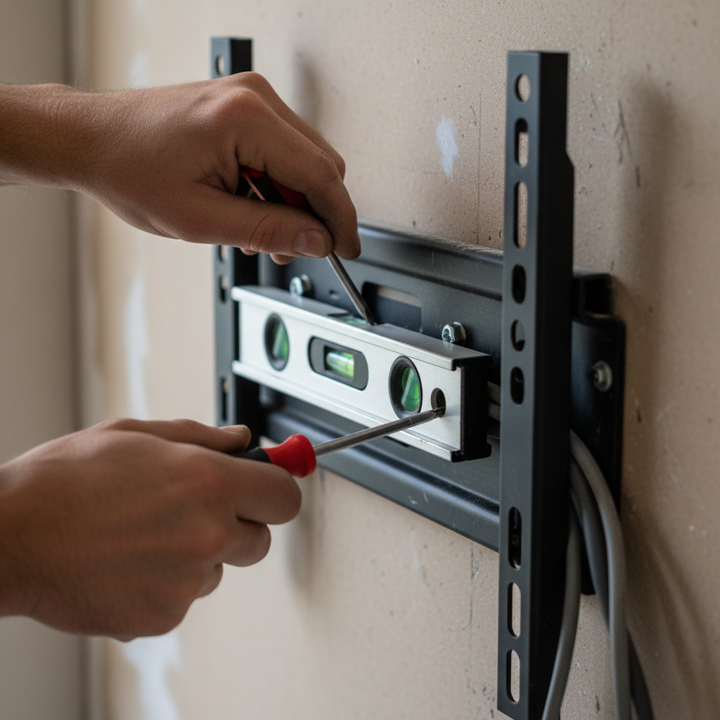 Close detalhado de mãos usando ferramentas técnicas para instalar tv no quarto com precisão e suporte metálico.