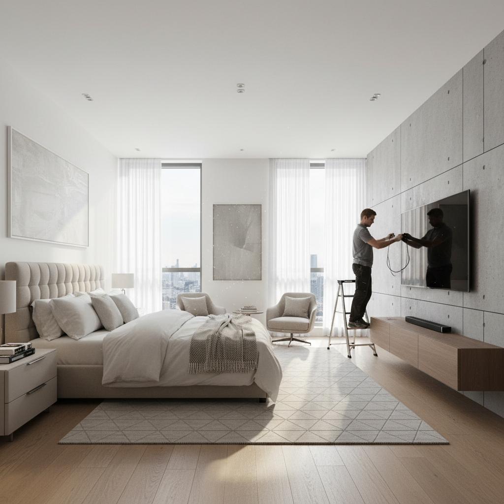 Quarto moderno amplo com profissional finalizando o processo de instalar tv no quarto em uma parede decorativa.
