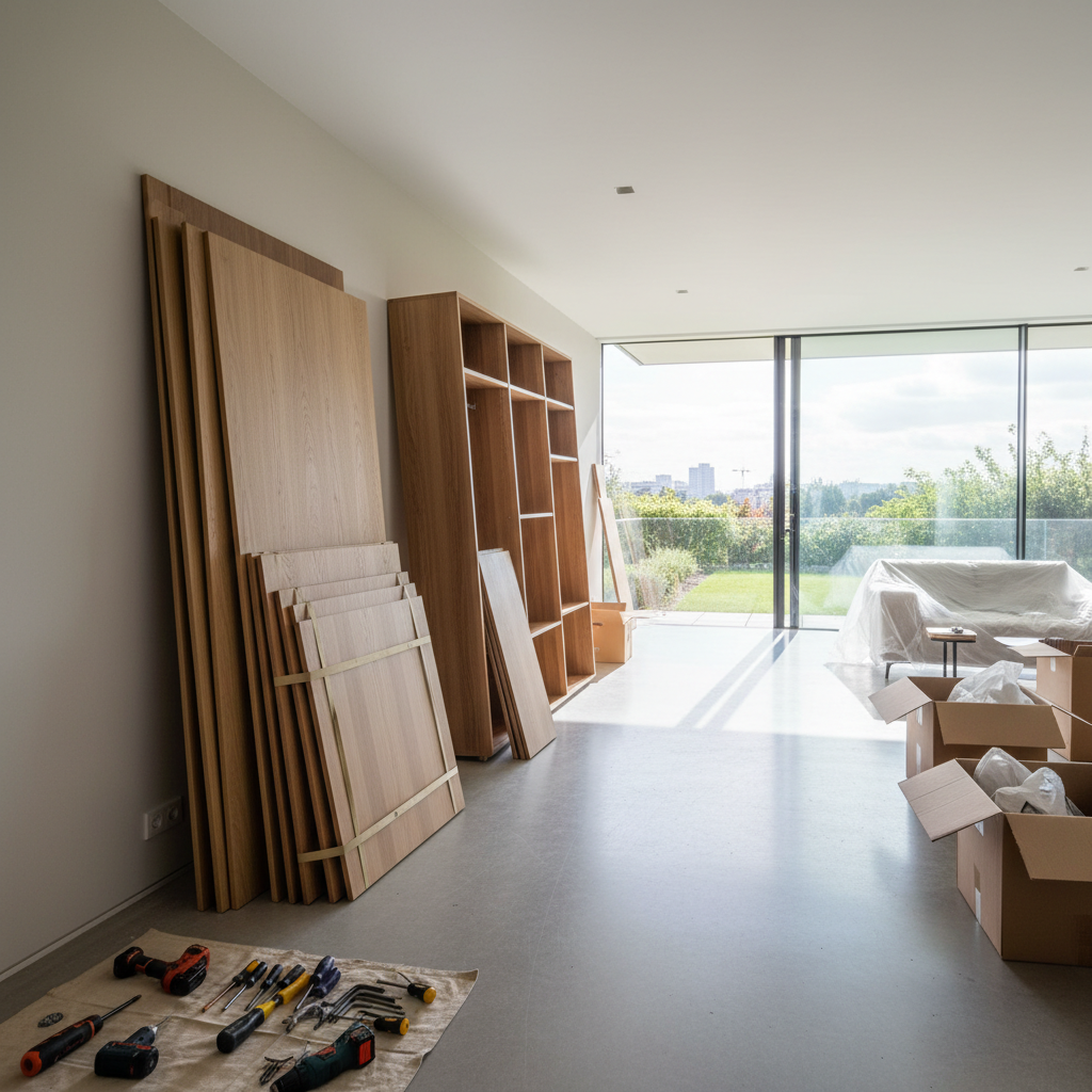 Sala ampla com peças de um guarda-roupa espalhadas no chão, exemplificando por que desmontar um móvel facilita a mudança.