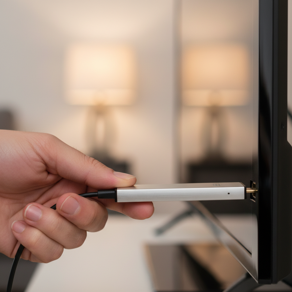Mão conectando um dispositivo de streaming na entrada HDMI para configurar uma televisão sem antena de forma prática.