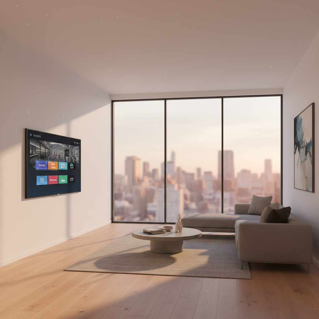 Sala moderna com smart TV na parede exibindo aplicativos de streaming em um cenário de televisão sem antena e sem cabos.