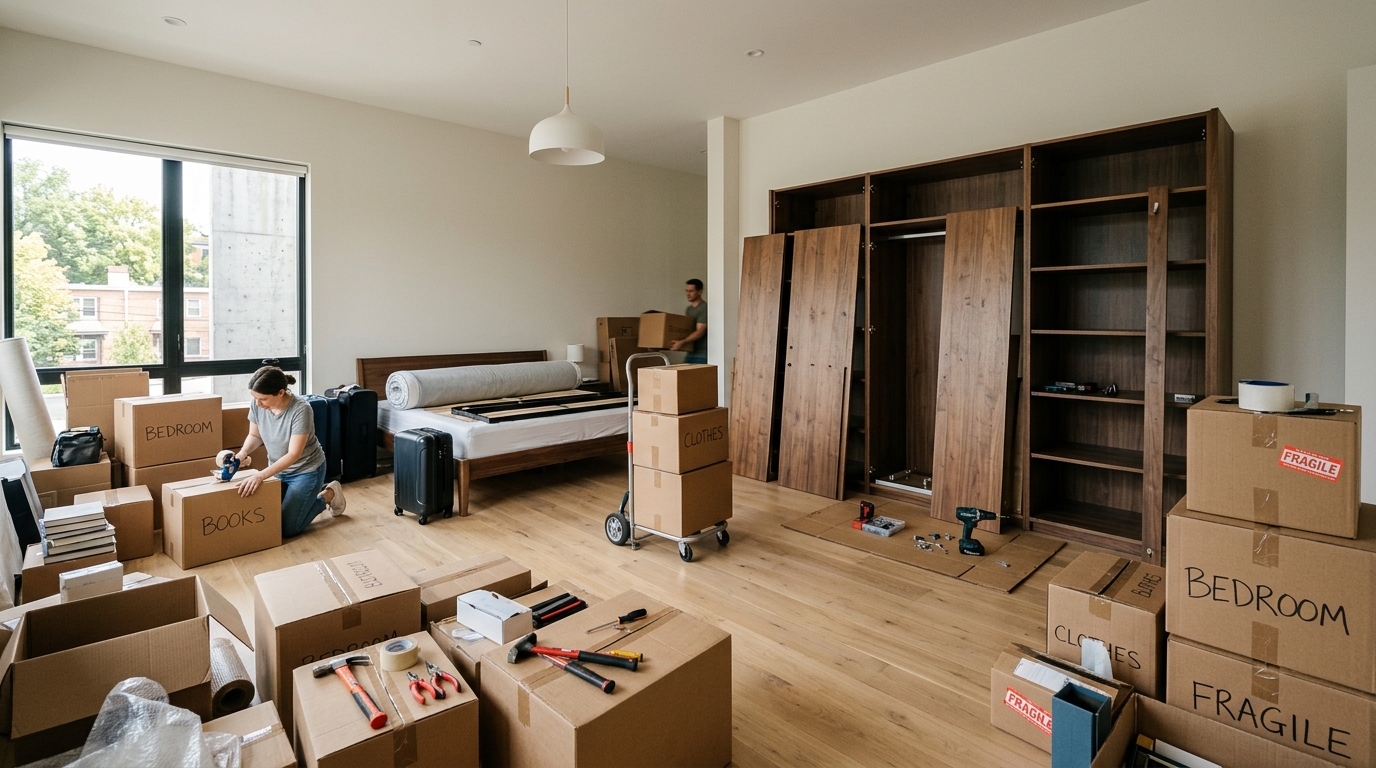 Quarto amplo com caixas e guarda-roupa sendo preparado em guia de como desmontar armário para mudança.