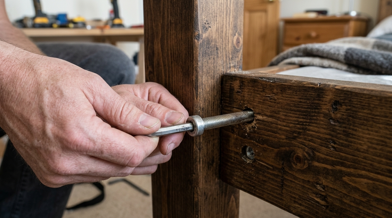 Detalhe das mãos usando chave para remover parafuso ao aprender como desmontar cama de madeira com segurança.