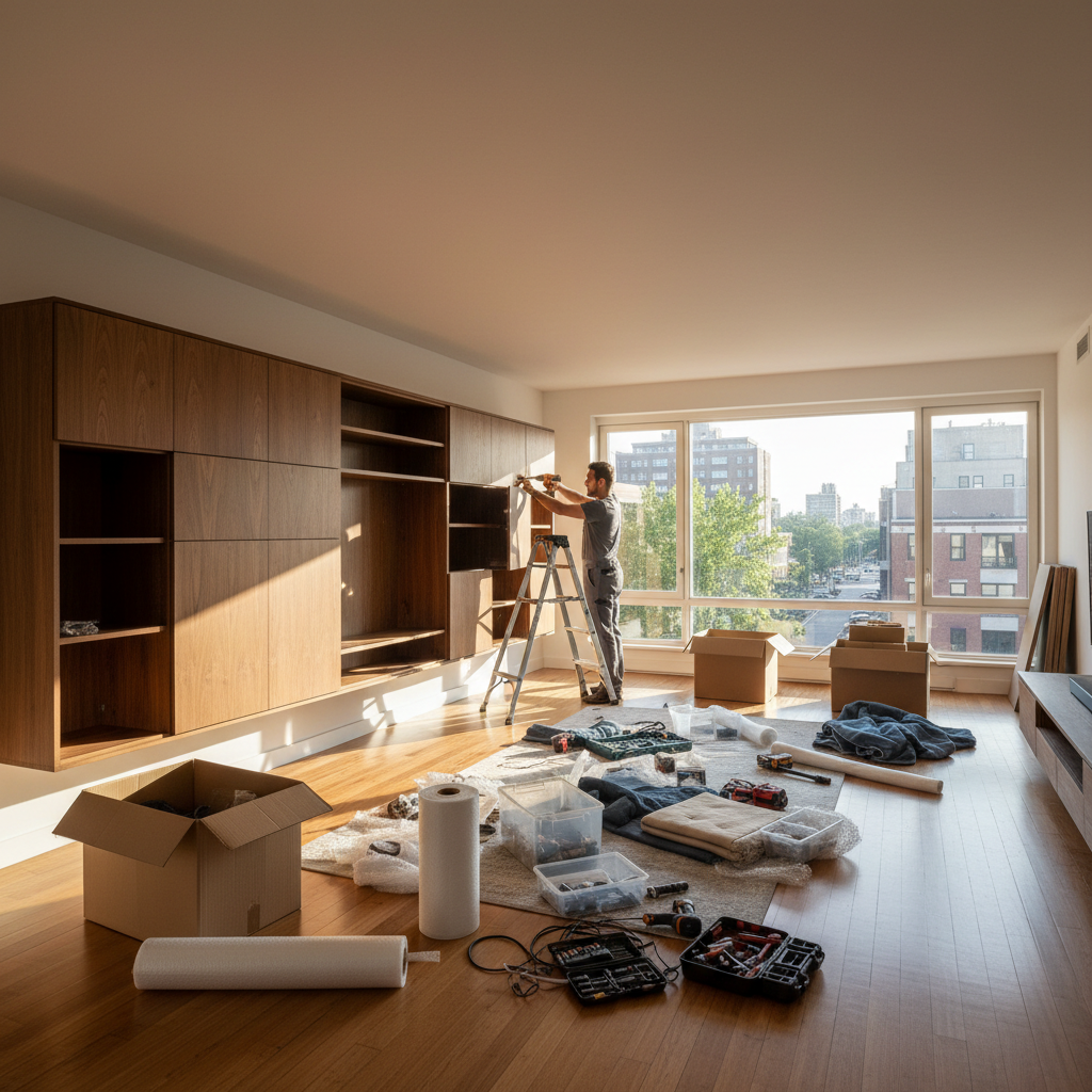 Profissionais em sala ampla organizando peças e ferramentas para desmontar móveis para mudança em ambiente residencial.